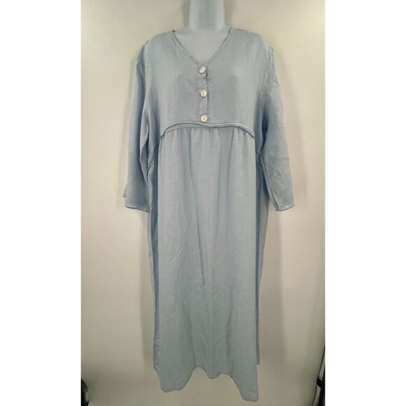 Linen Dreams M Light Blue Linen Maxi Dress 3/4 Sleeve Lagenlook Artsy - Picture 1 of 9